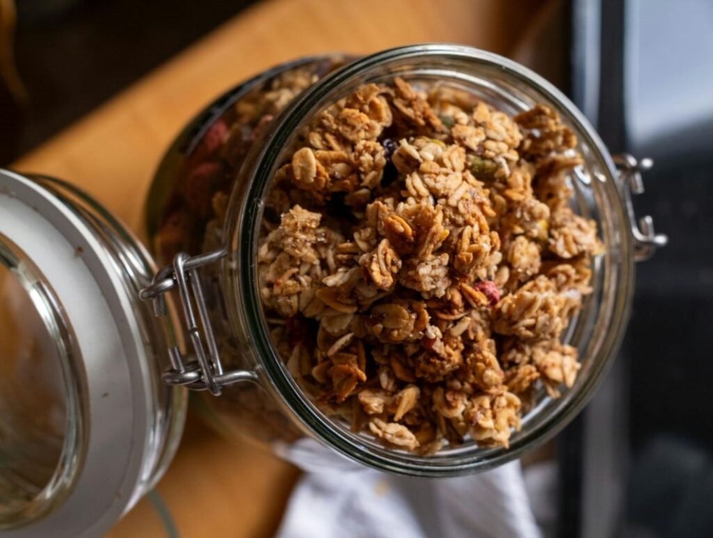 Freshly baked homemade granola with oats, nuts, and fruits in a glass jar.